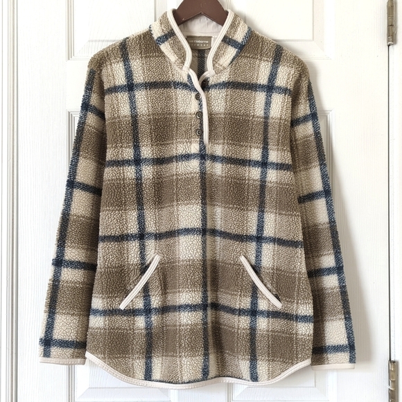 Liz Claiborne Sweaters - Liz Claiborne 90's Vintage Plaid Faux Sherpa Henley Pullover Sweater Tan Navy S